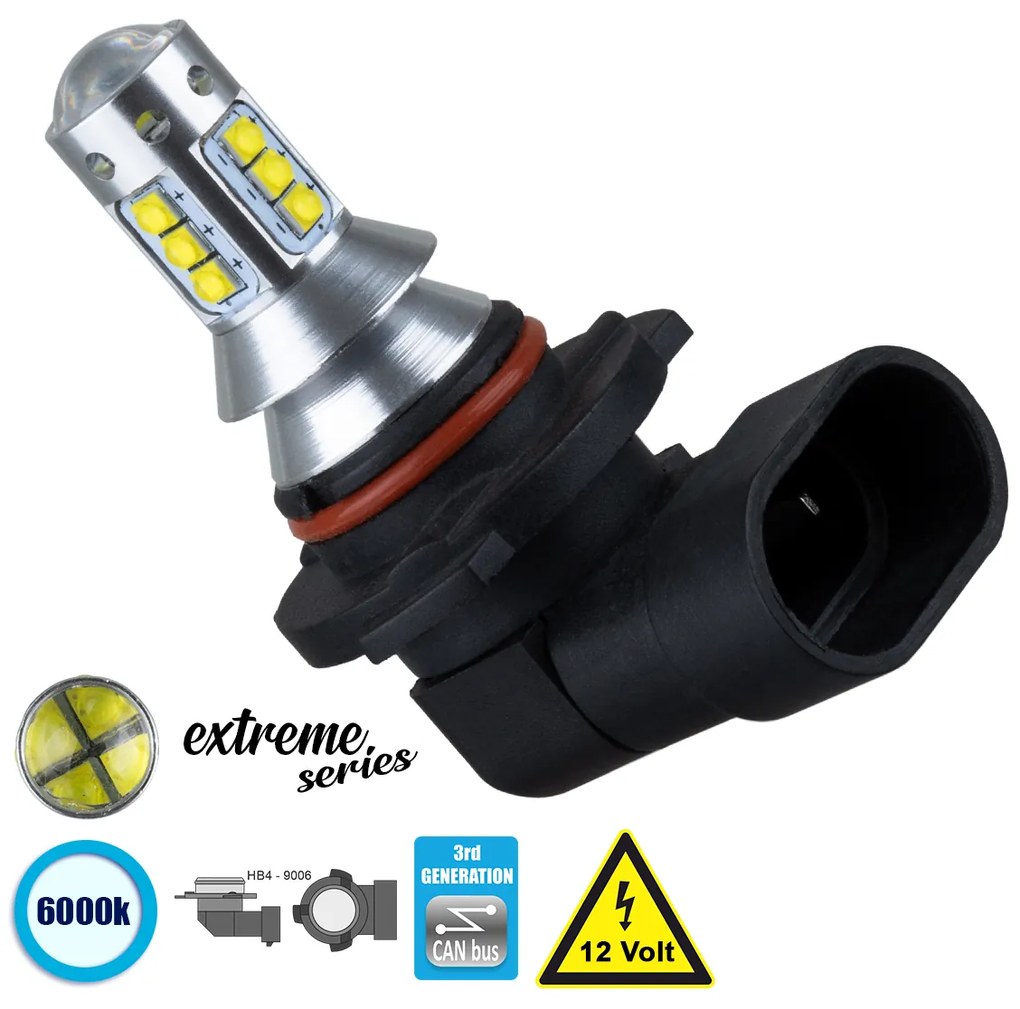 GloboStar® 81443 Λάμπα Αυτοκίνητου HB4 9006 3rd Generation Can-Bus Extreme Series LED 16 CREE XBD 15W 2115lm 360° DC 12V IP20 Ψυχρό Λευκό 6000K