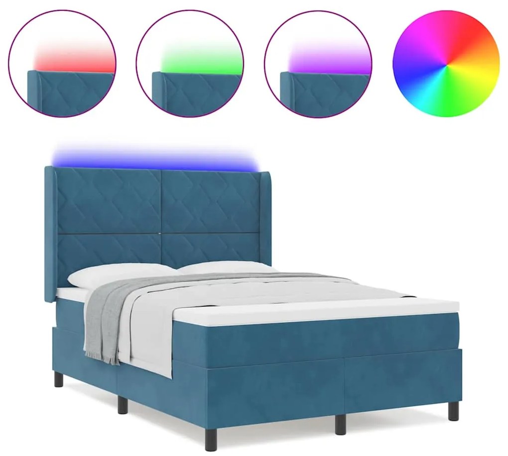 vidaXL Κρεβάτι Box Spring LED με Στρώμα Μπλε 140 x 190 cm Βελούδο