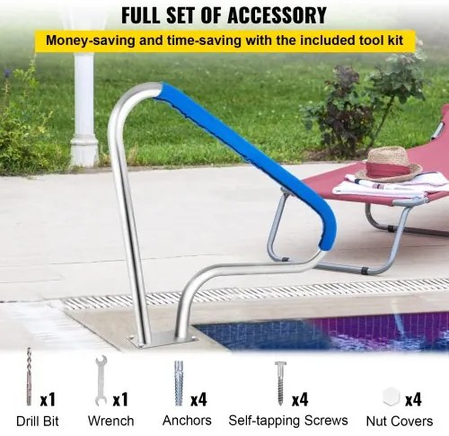 VEVOR Pool Rail 48x36&quot; Pool Railing 304 Stainless Steel 250LBS Load Capacity Silver Rustproof Pool Handrail Humanized Swimming Pool Handrail with Blue Grip Cover &amp; M8 Drill Bit &amp; Self-taping Screws