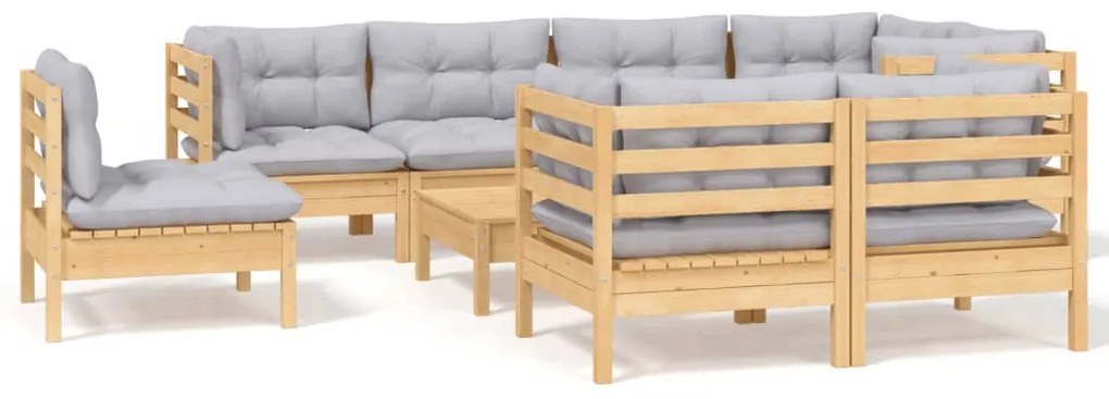 vidaXL Σαλόνι Κήπου Σετ 9 Τεμαχίων Μασίφ Ξύλο Πεύκου με Γκρι Μαξιλάρια