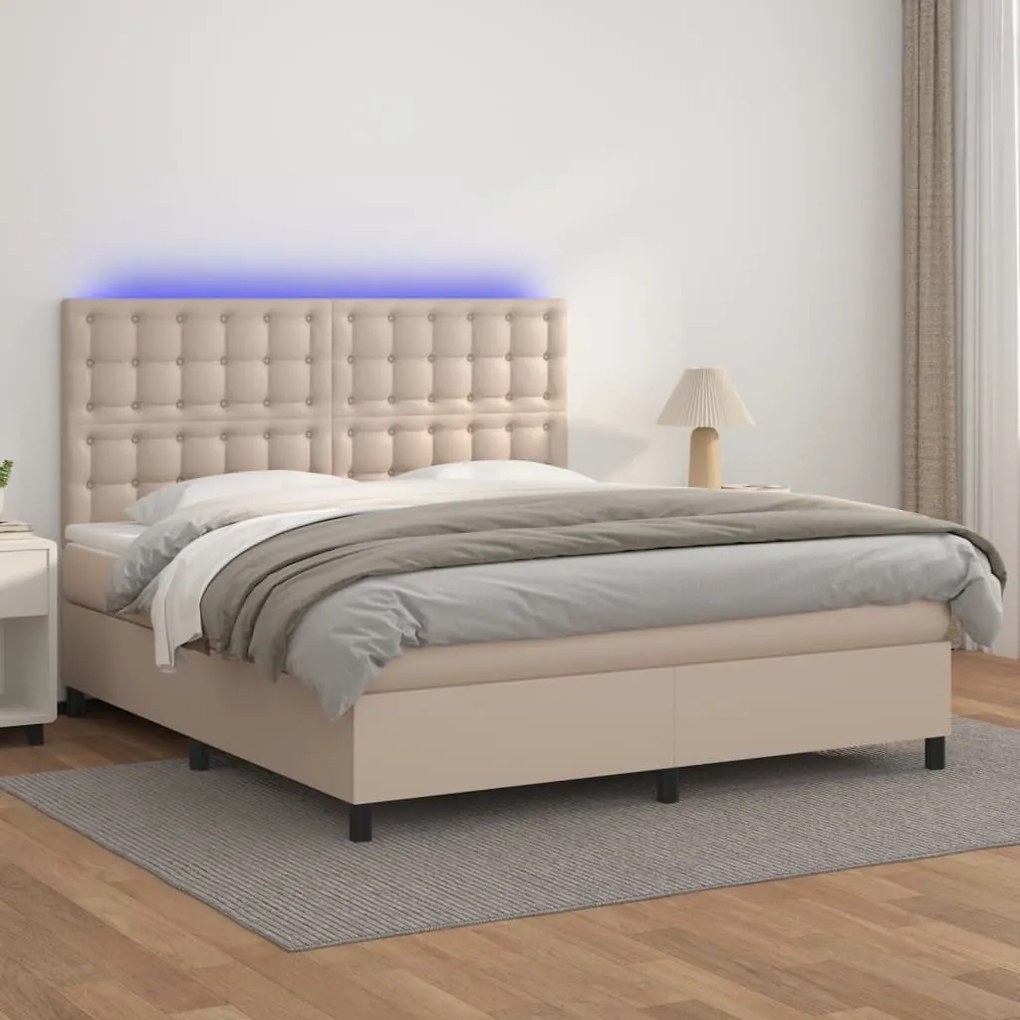 vidaXL Κρεβάτι Boxspring Στρώμα&amp;LED Καπουτσίνο 160x200 εκ. Συνθ. Δέρμα