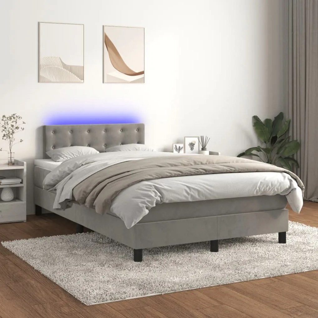 Κρεβάτι Boxspring με Στρώμα &amp; LED Αν.Γκρι 120x190εκ. Βελούδινο - Γκρι