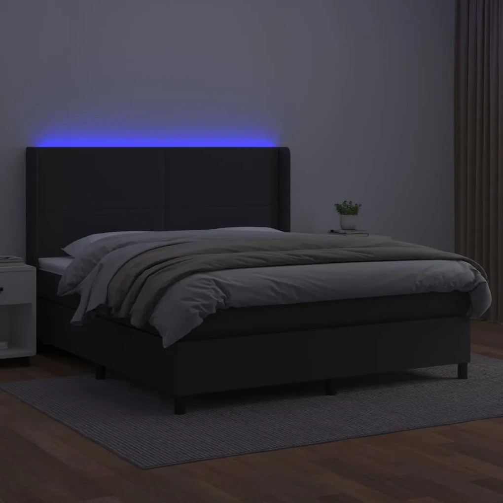 Κρεβάτι Boxspring με Στρώμα &amp; LED Μαύρο 180x200 εκ. Συνθ. Δέρμα - Μαύρο