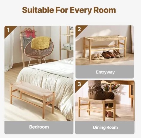 VEVOR Rattan Bench Wooden Bench 31.5 Inches for Entryway Living Room &amp; Bedroom