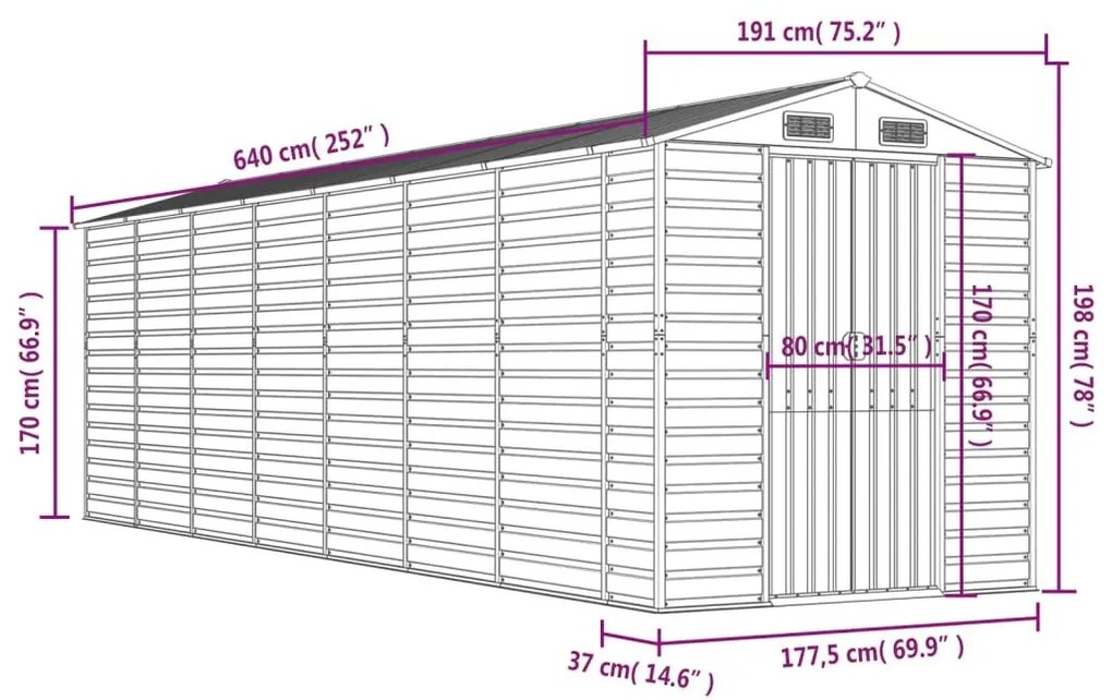 Αποθήκη Κήπου Ανοιχτό Γκρι 191x640x198 εκ. Γαλβανισμένο Ατσάλι - Γκρι