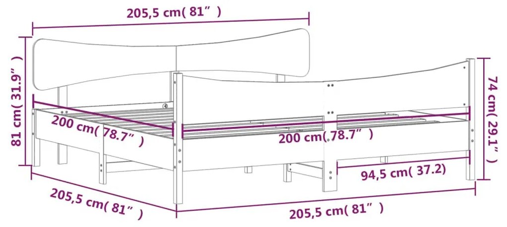 Σκελετός Κρεβατιού Χωρίς Στρώμα 200x200 εκ Μασίφ Ξύλο Πεύκου - Καφέ