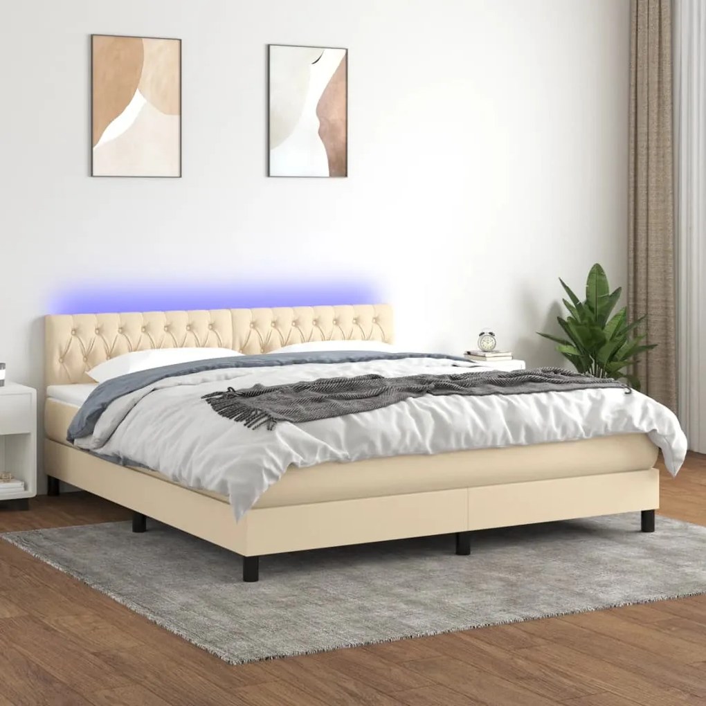 Κρεβάτι Boxspring με Στρώμα &amp; LED Κρεμ 160x200 εκ. Υφασμάτινο - Κρεμ