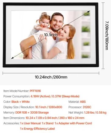 VEVOR 260 mm Digital Picture Frame 32GB IPS Touchscreen Wi-Fi Photo Frame