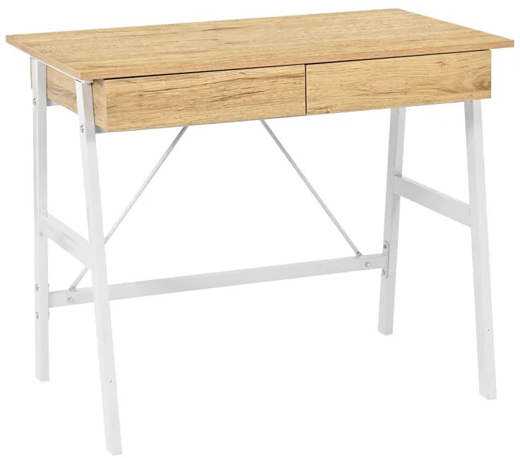 Γραφείο εργασίας Lione pakoworld με συρτάρια σε oak απόχρωση με πόδι λευκό μέταλλο 90x50x75εκ