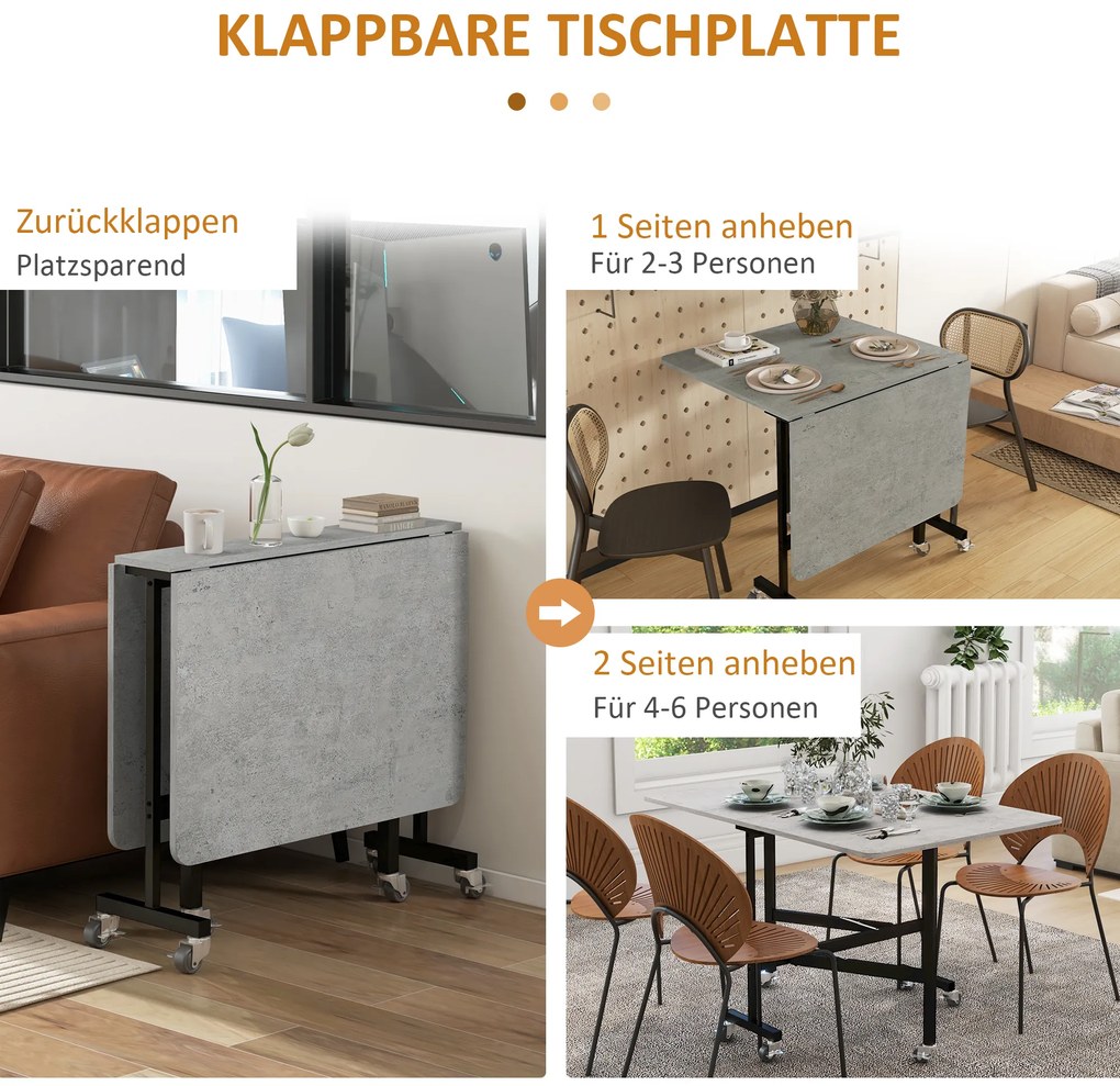 HOMCOM Τραπέζι τραπεζαρίας για 4-6 άτομα, Πτυσσόμενο τραπέζι με ροδάκια, Ατσάλινο πλαίσιο, 52,5-120 x 80 x 73 cm, Γκρι