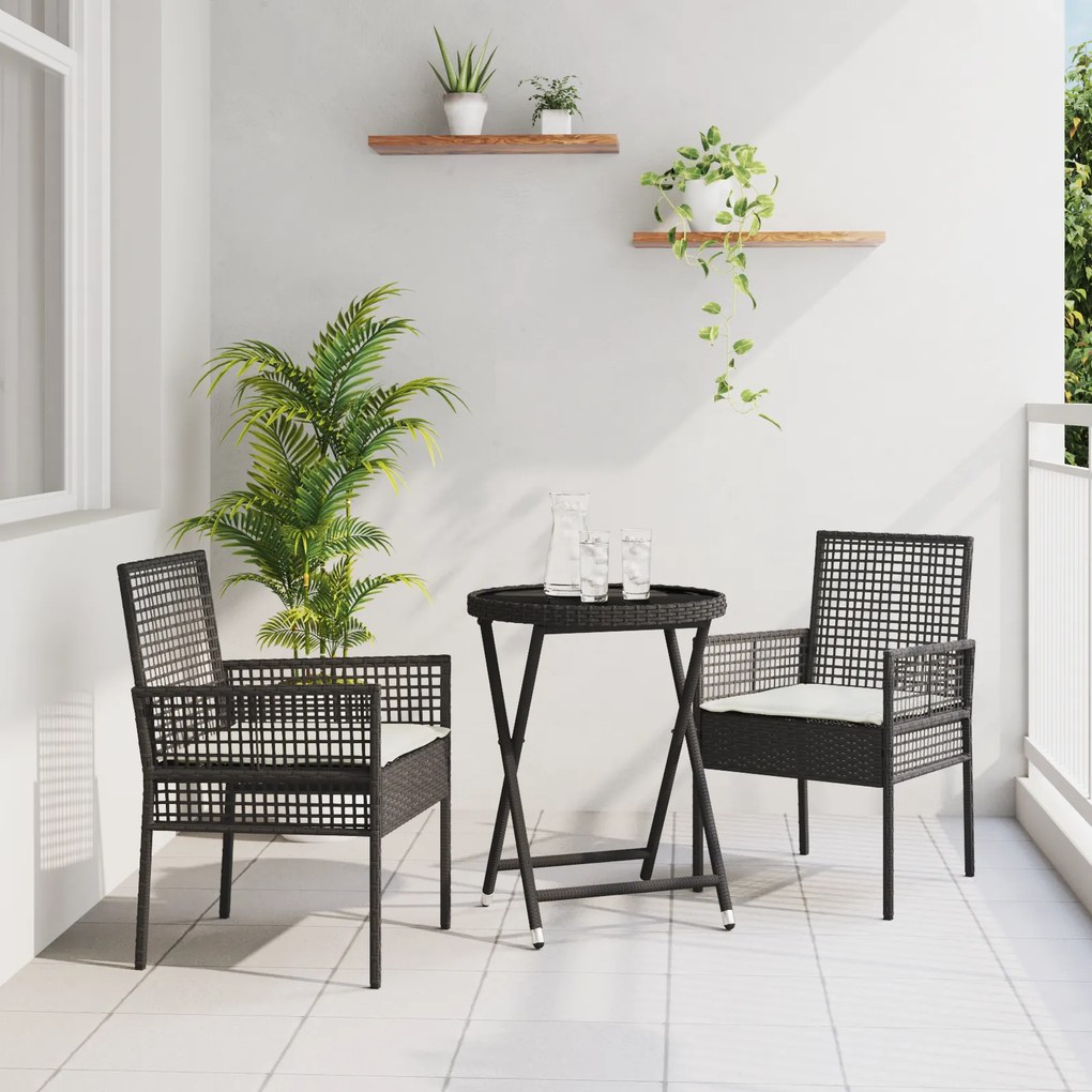 vidaXL Σετ Βεράντας 3 Τεμαχίων με Μαξιλάρια Μαύρο Πολυ Ράτανα