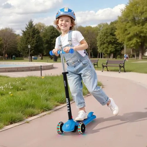 VEVOR Kick Scooter for Kids Ages 3+, 3-Wheel Toddler Scooter with Light-Up Wheels, Adjustable Height Handlebar, Wide Anti-Slip Deck, Lightweight Aluminum Frame for Boys and Girls up to 74.8 kg, Blue