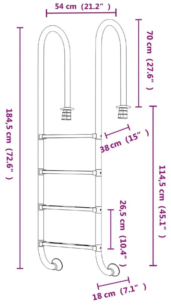 Σκάλα Πισίνας 54 x 38 x 184,5 εκ. από Ανοξείδωτο Ατσάλι 304 - Ασήμι