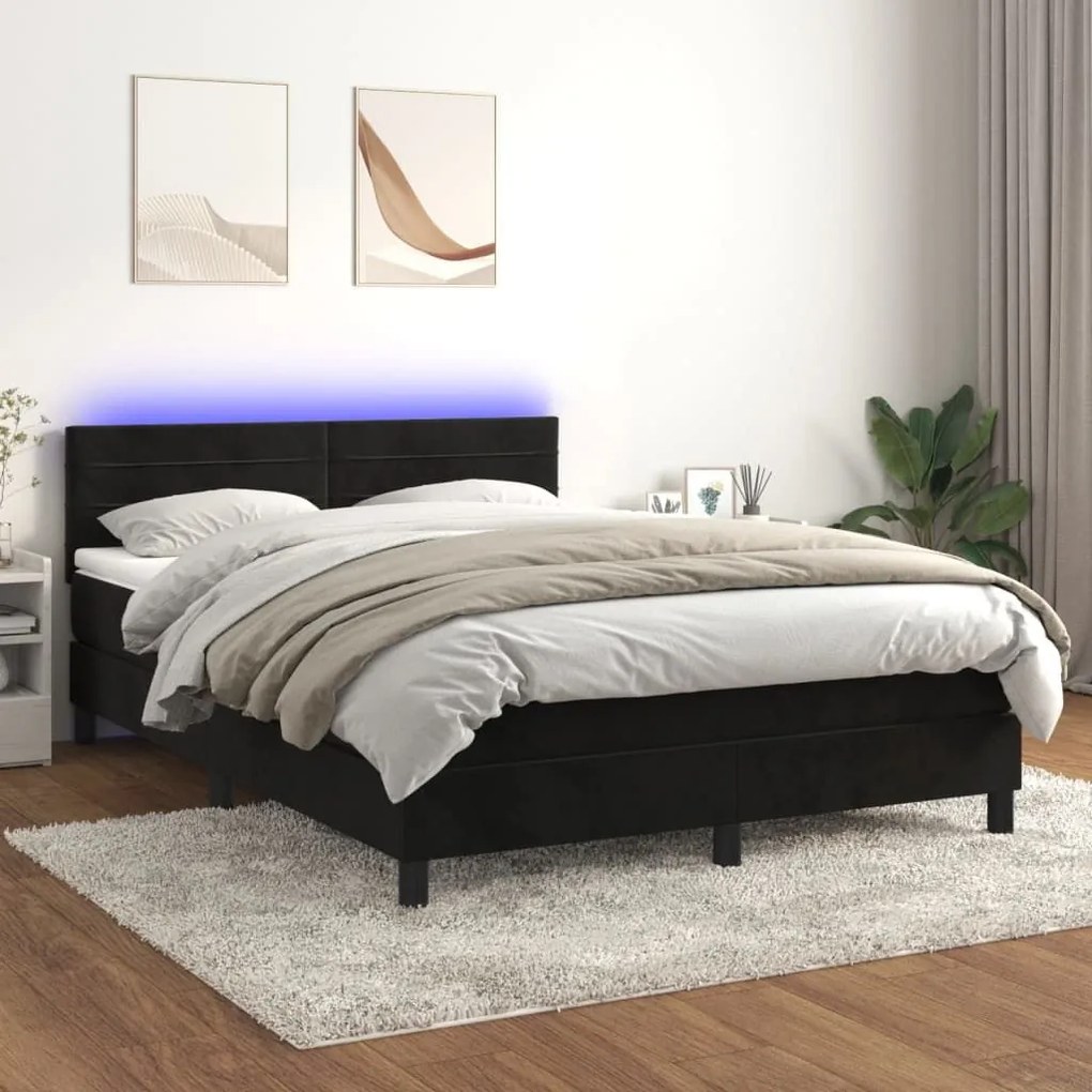 Κρεβάτι Boxspring με Στρώμα &amp; LED Μαύρο 140x190 εκ. Βελούδινο - Μαύρο