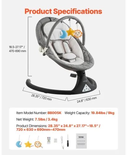 VEVOR Baby Swing for Infants 5 Speeds 3 Seat Positions Remote Control Toy Bar