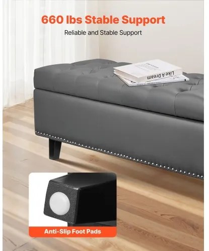 VEVOR Button-Tufted Storage Ottoman Bench PU Leather Bench with Wood Legs Gray