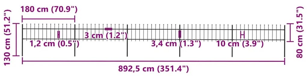 vidaXL Φράχτης Κήπου με Κορυφή Δόρυ από Ατσάλι 892,5 x 80 εκ. Μαύρος