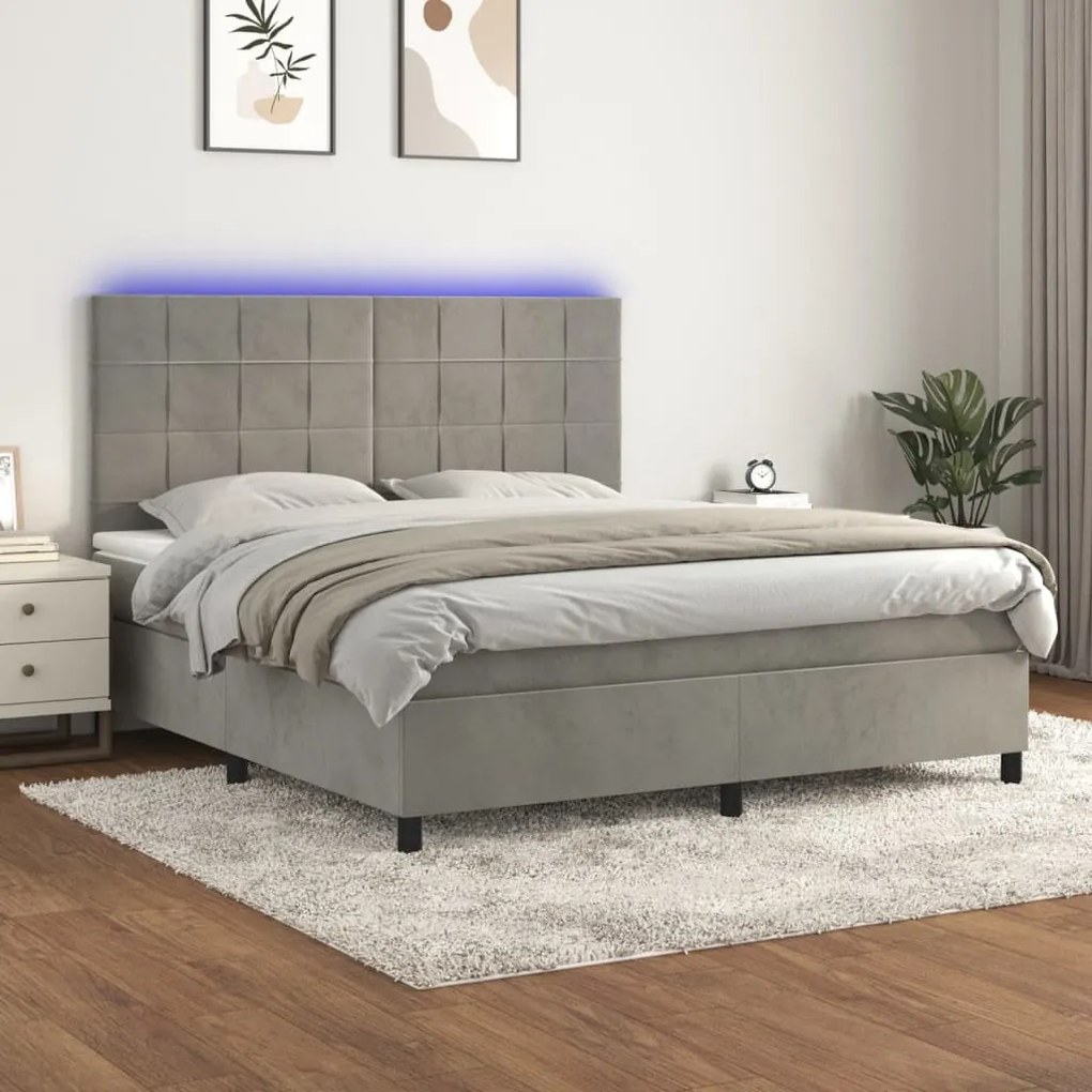 vidaXL Κρεβάτι Boxspring με Στρώμα & LED Αν.Γκρι 160x200 εκ. Βελούδινο