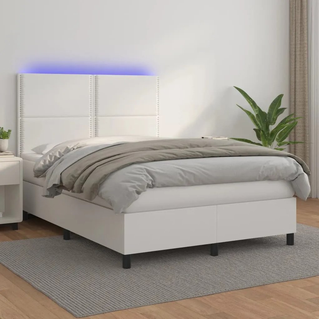 vidaXL Κρεβάτι Boxspring με Στρώμα & LED Λευκό 140x200 εκ. Συνθ. Δέρμα