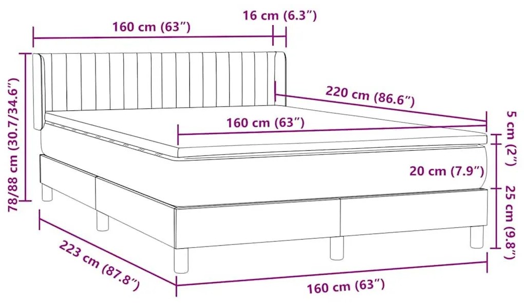 Κρεβάτι Boxspring με Στρώμα Ανοιχτό Γκρι 160x220 εκ. Βελούδινο - Γκρι