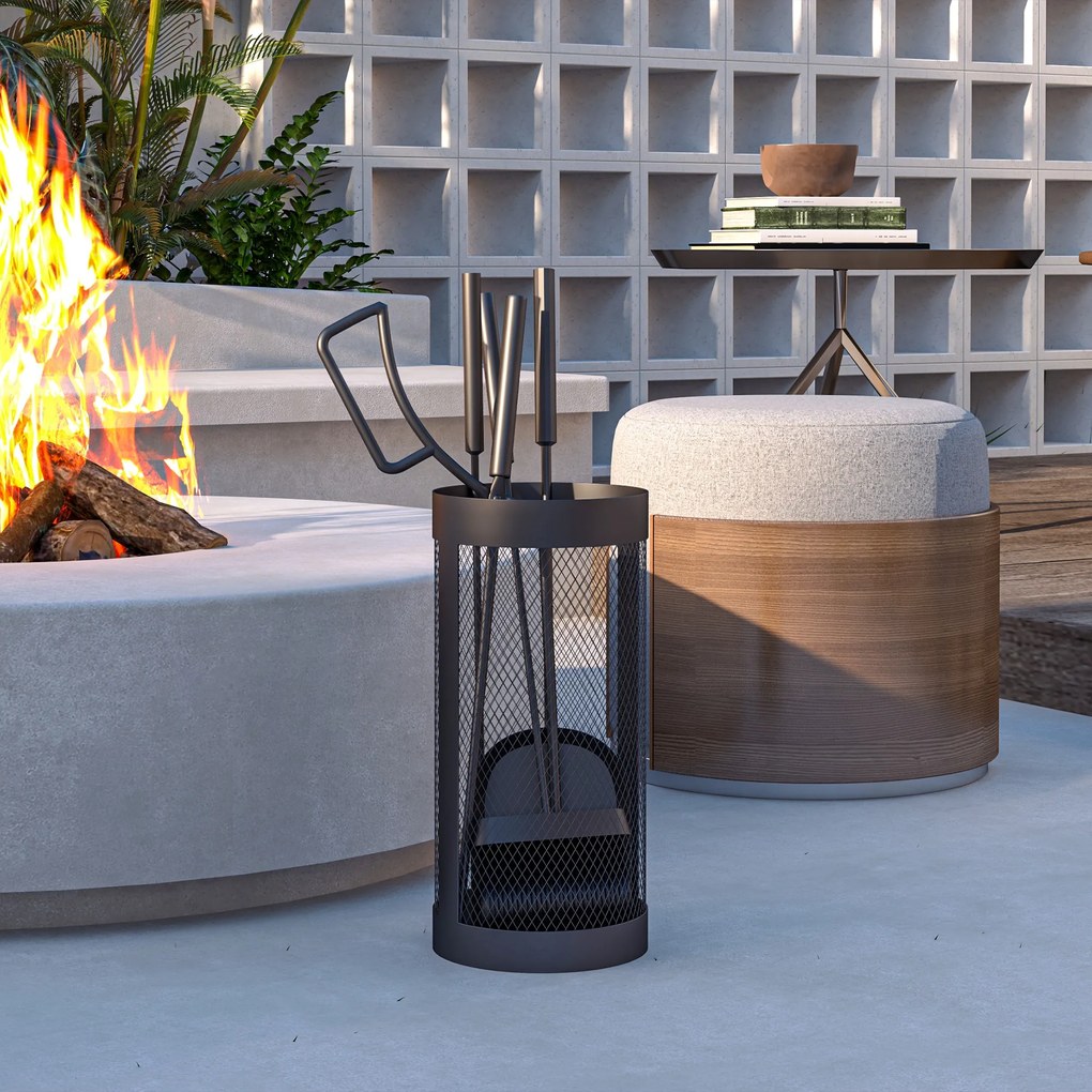 Σετ εργαλείων τζακιού, 5 τεμαχίων, σκούπα, φτυάρι, τανάλια, σκούπα και καλάθι, πυρίμαχο μέταλλο, Μαύρο