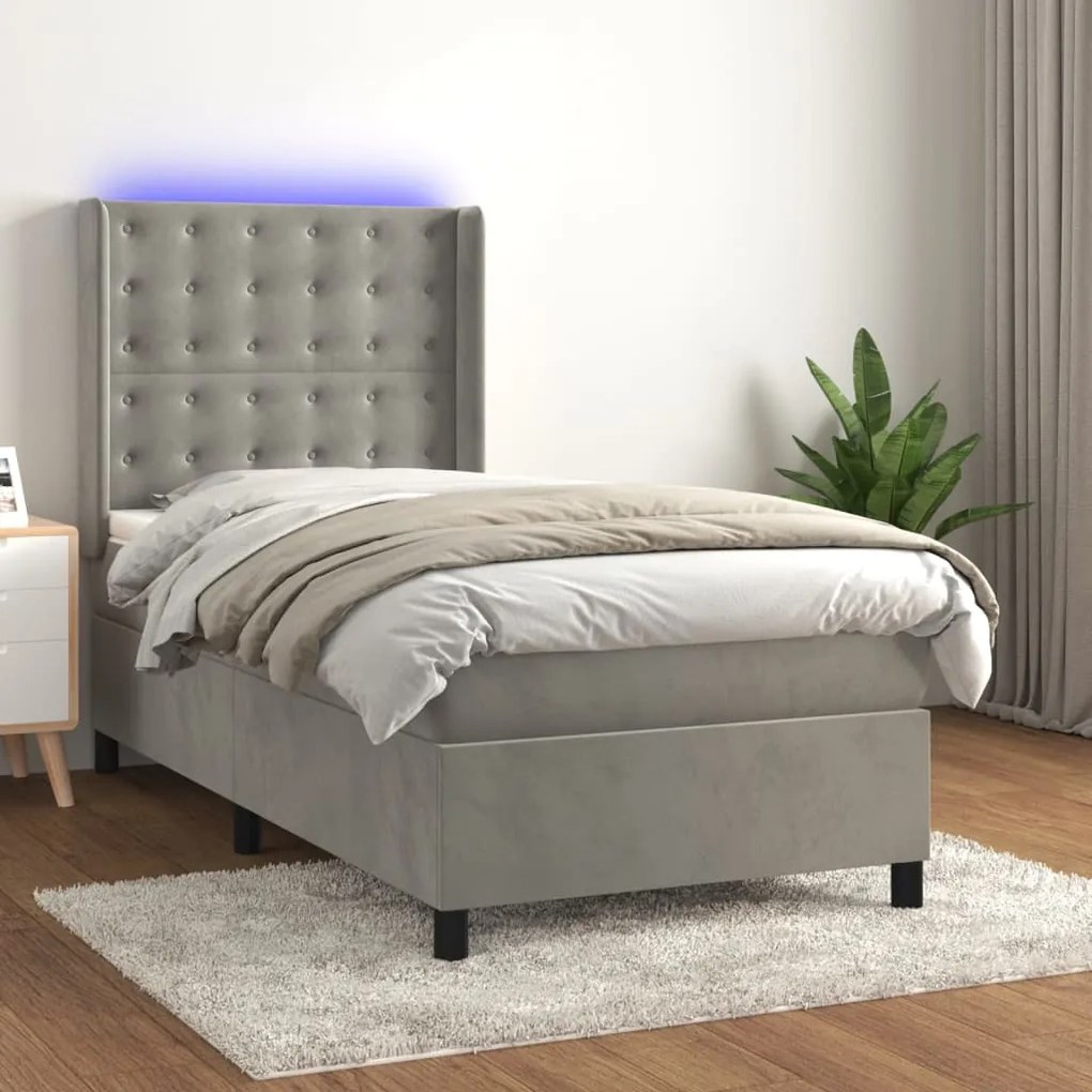 vidaXL Κρεβάτι Boxspring με Στρώμα & LED Αν.Γκρι 90x190 εκ. Βελούδινο