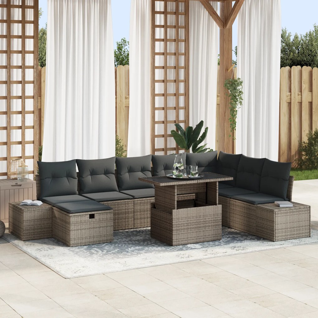 vidaXL Σετ καναπέ κήπου 9 τεμαχίων από γκρι poly rattan με μαξιλάρια