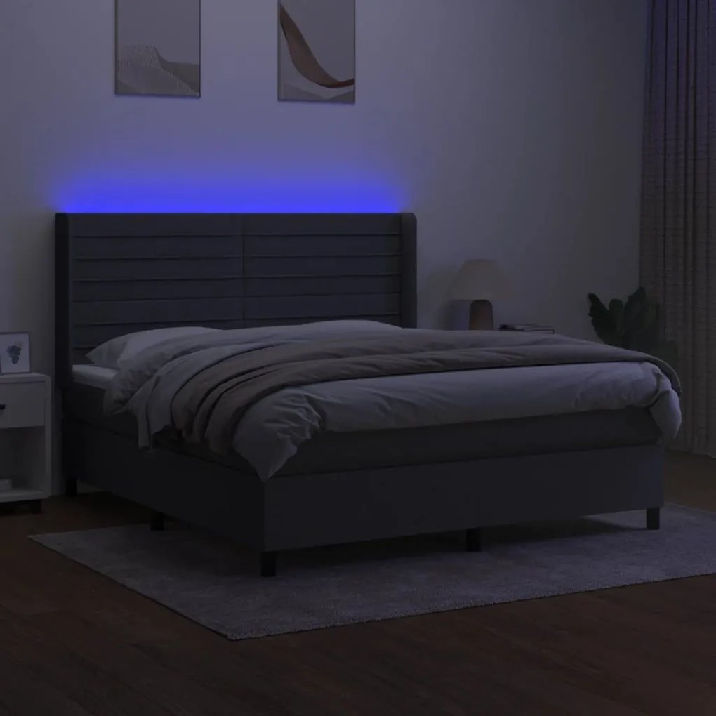 Κρεβάτι Boxspring με Στρώμα &amp; LED Σκ.Γκρι 180x200 εκ Υφασμάτινο - Γκρι