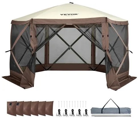 VEVOR Pop Up Gazebo Tent Pop-Up Screen Tent 6 Sided Canopy Sun Shelter Brown