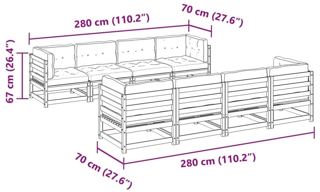 Καναπές Κήπου Σετ 9 Τεμαχίων από Μασίφ Ξύλο Πεύκου με Μαξιλάρια - Καφέ