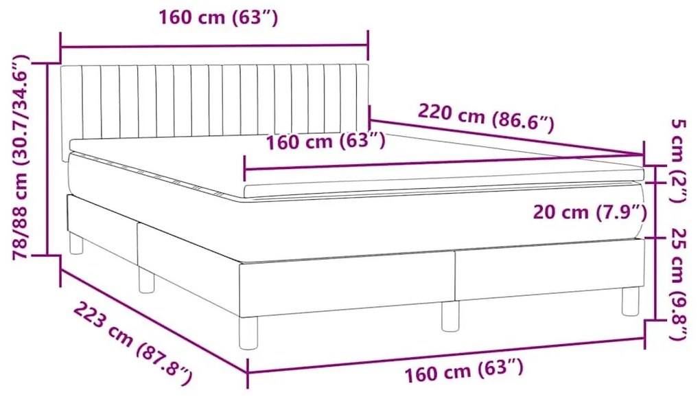 Κρεβάτι Boxspring με Στρώμα Ανοιχτό Γκρι 160x220 εκ. Βελούδινο - Γκρι