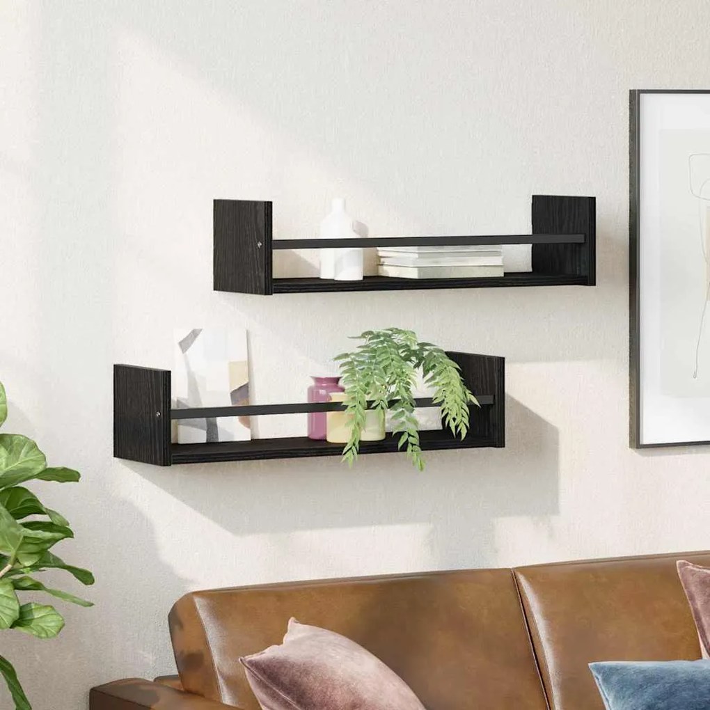 vidaXL Ράφια τοίχου 2 τεμ Μαύρη Δρυς 60x16x14 εκ Κατασκευασμένο ξύλο
