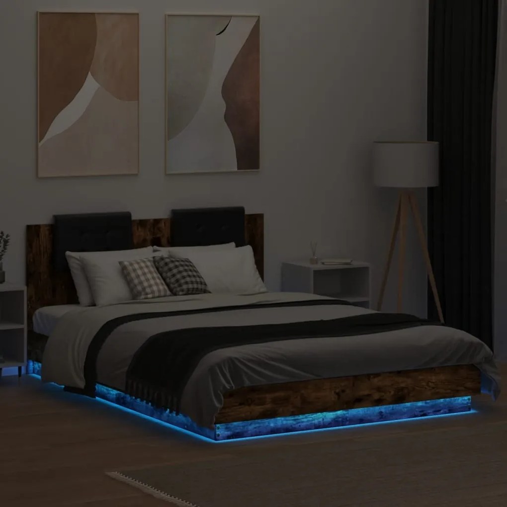 vidaXL Πλαίσιο Κρεβατιού με Κεφαλάρι/LED Καπν. Δρυς 140x200 εκ.