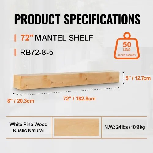 VEVOR Fireplace Mantel Wood Shelf Floating Rustic Fireplace Mantel 72&quot; Natural
