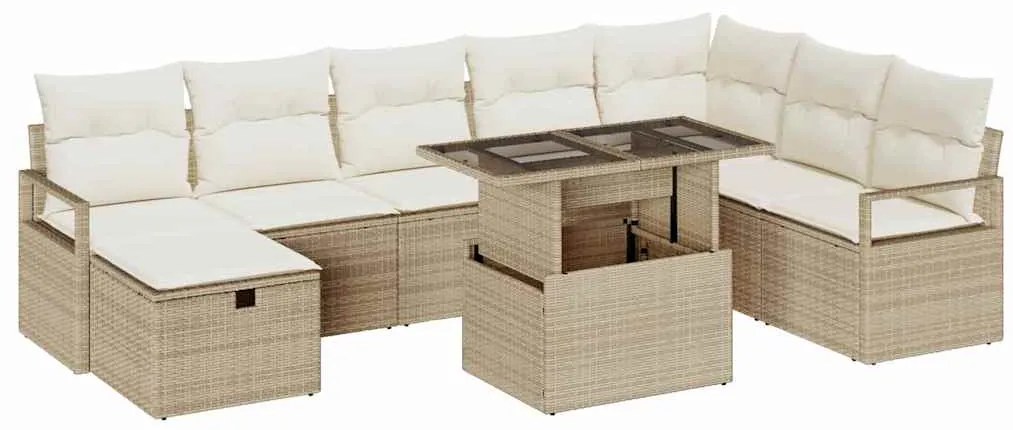 vidaXL Σετ Καναπέ Κήπου με μαξιλάρι 9 pcs Μπεζ Πολυ ράταν