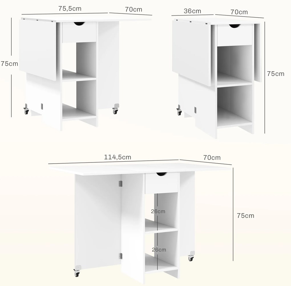 HOMCOM Πτυσσόμενο τραπέζι τραπεζαρίας για 2-4 άτομα, πτυσσόμενο τραπέζι κουζίνας με αποθηκευτικό χώρο, επεκτεινόμενο τραπέζι με ροδάκια, Λευκό