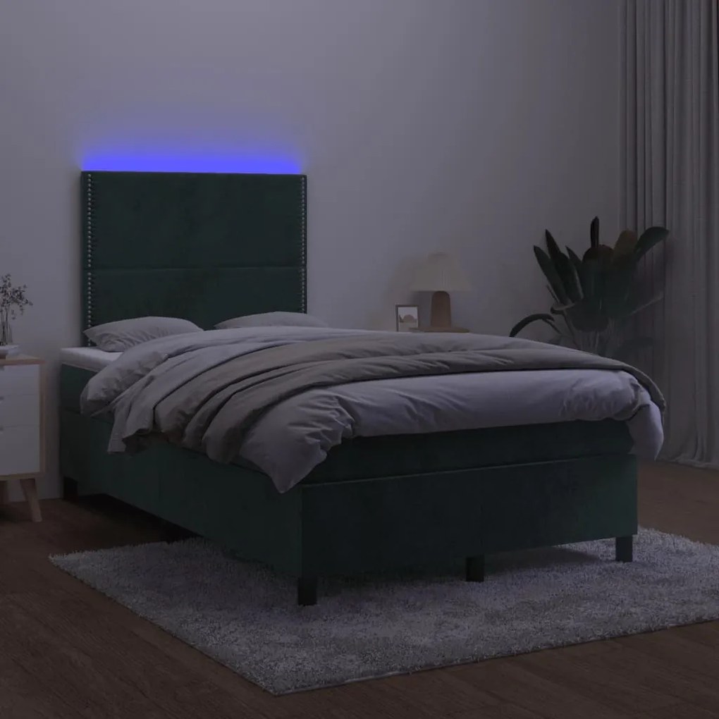 vidaXL Κρεβάτι Boxspring με Στρώμα & LED Σκ. Πράσινο 120x190εκ Βελούδο