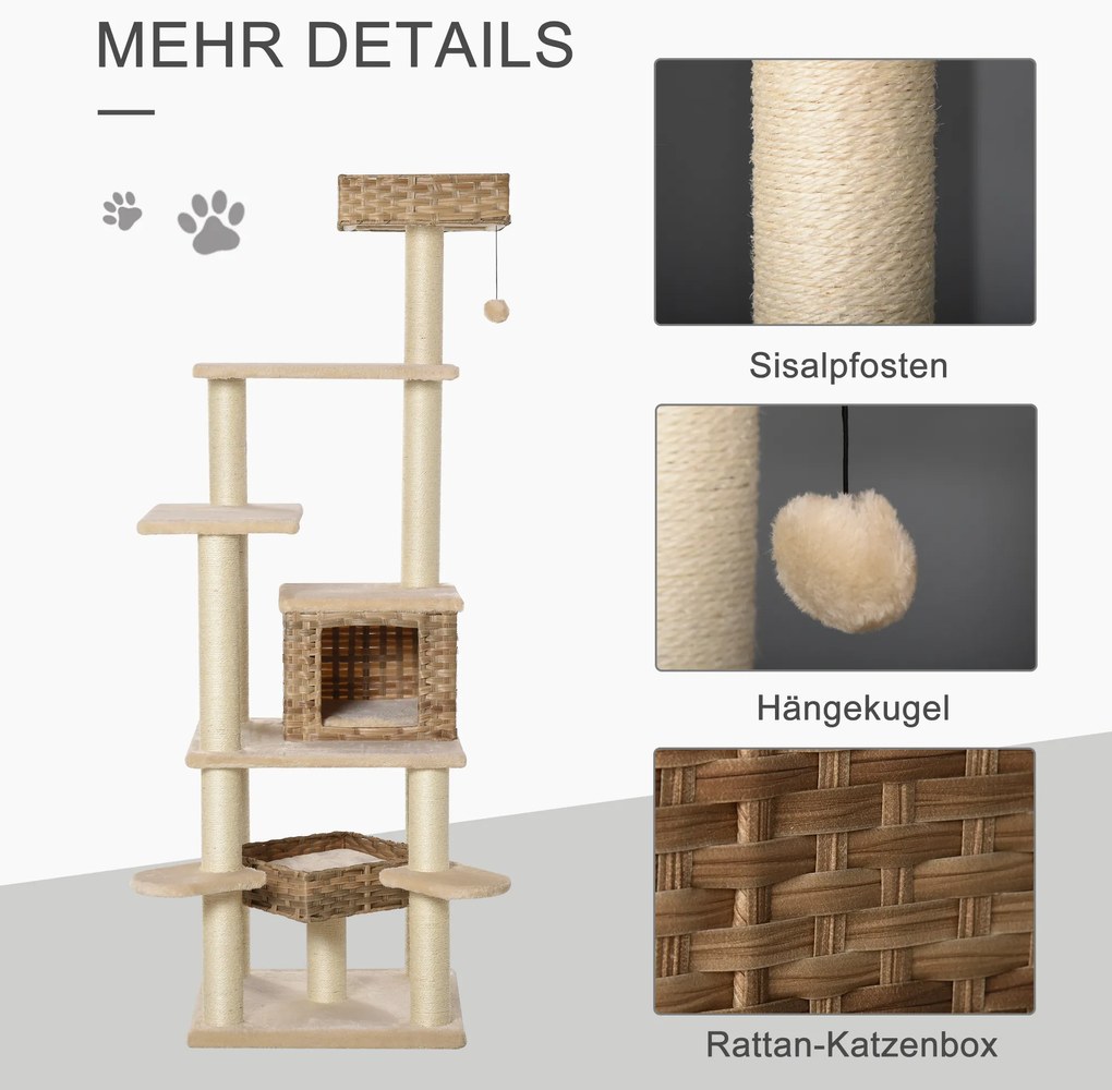 PawHut Δέντρο για γάτες από ρατάν με σπιτάκι, πολυεπίπεδο δέντρο για γάτες, δέντρο αναρρίχησης για γάτες, E1 MDF, σιζάλ, μπεζ+καφέ, 55 x 55 x 174 cm