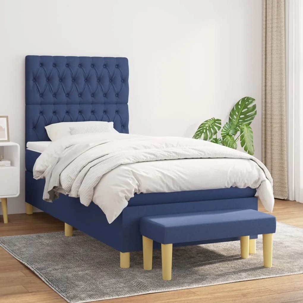 Κρεβάτι Boxspring με Στρώμα Μπλε 100 x 200 εκ. Υφασμάτινο