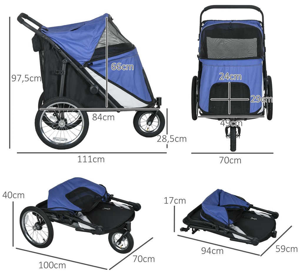 PawHut Καρότσι σκύλου, αναδιπλούμενο, ανακλινόμενο, μαξιλάρι ύπνου, ατσάλινο πλαίσιο, Μπλε/Μαύρο