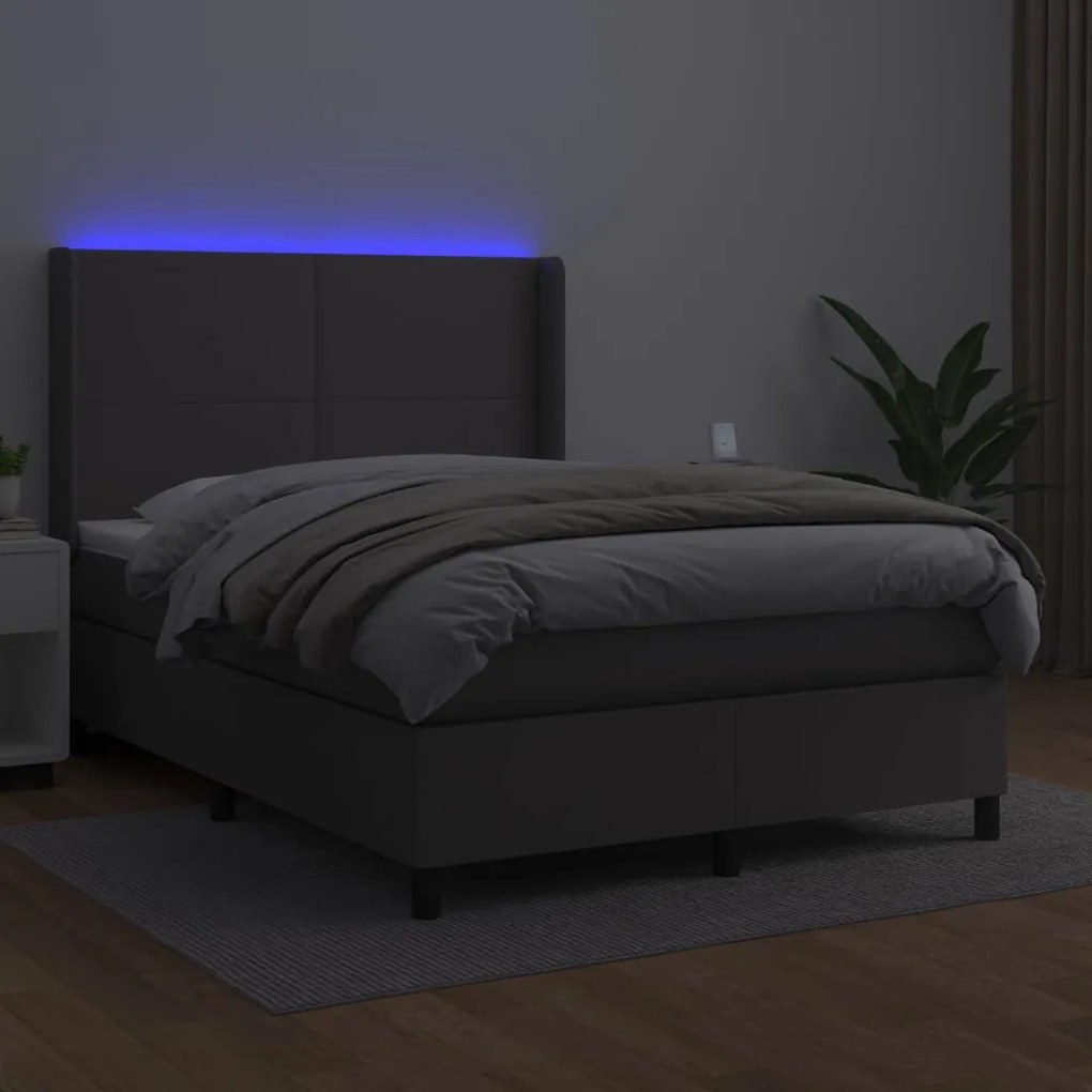 vidaXL Κρεβάτι Boxspring με Στρώμα &amp; LED Γκρι 140x190 εκ. Συνθ. Δέρμα