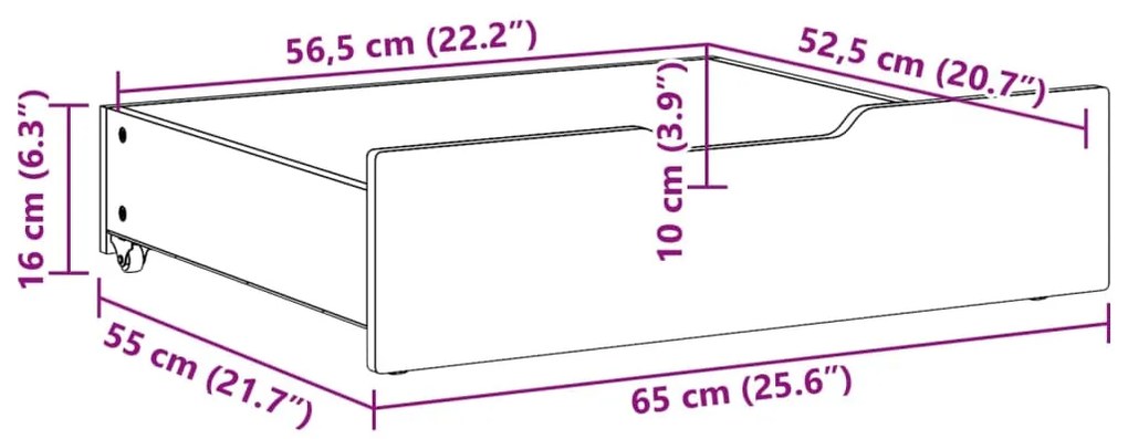 Συρτάρια Κρεβατιού με Ροδάκια 2 τεμ. 65x55x16 εκ. Μασίφ Πεύκο - Καφέ