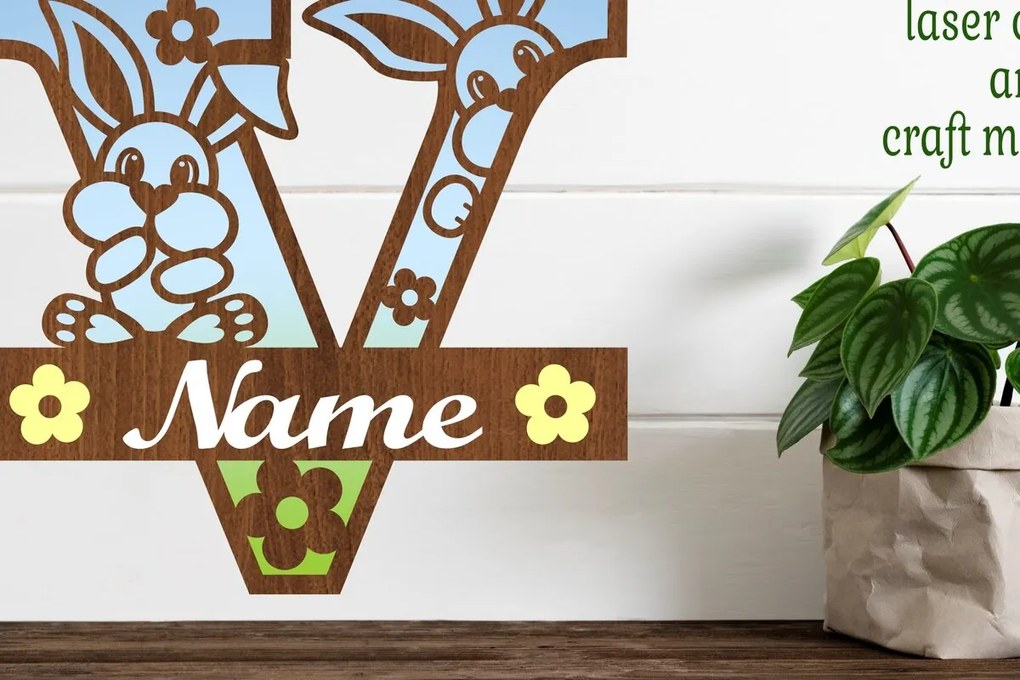 Σετ των 2 Intra απο ξύλο plywood 3mm-4mm πάχος Κουνελάκι κεφαλαίο μονόγραμμα Γράμμα V Δίασταση 30x20 cm INTRAFABR-72792167