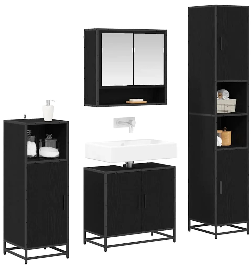 vidaXL Σετ Επίπλων Μπάνιου με ράφι 4 pcs Μαύρη Οξυά Επεξεργασμένο ξύλο