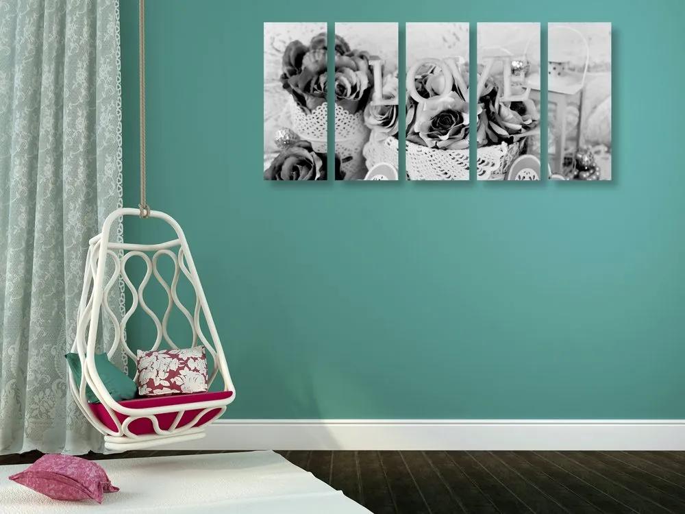 Εικόνα 5 τμημάτων ρομαντική διακόσμηση σε vintage στυλ σε ασπρόμαυρο - 100x50
