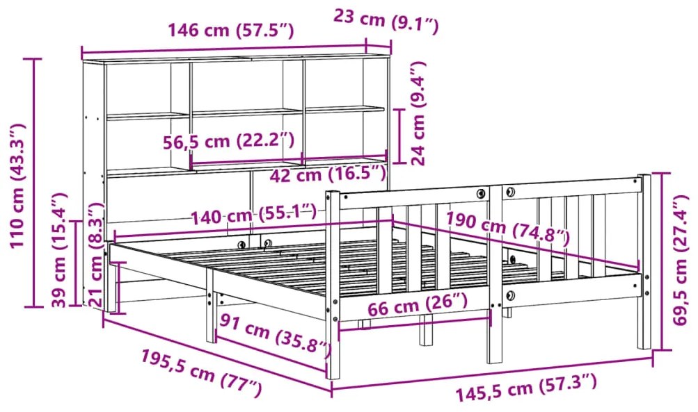 Κρεβάτι Βιβλιοθήκη Χωρίς Στρώμα 140x190 εκ Μασίφ Ξύλο Πεύκου - Καφέ