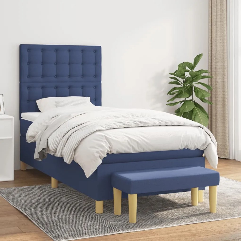 vidaXL Κρεβάτι Boxspring με Στρώμα Μπλε 90x200 εκ.Υφασμάτινο