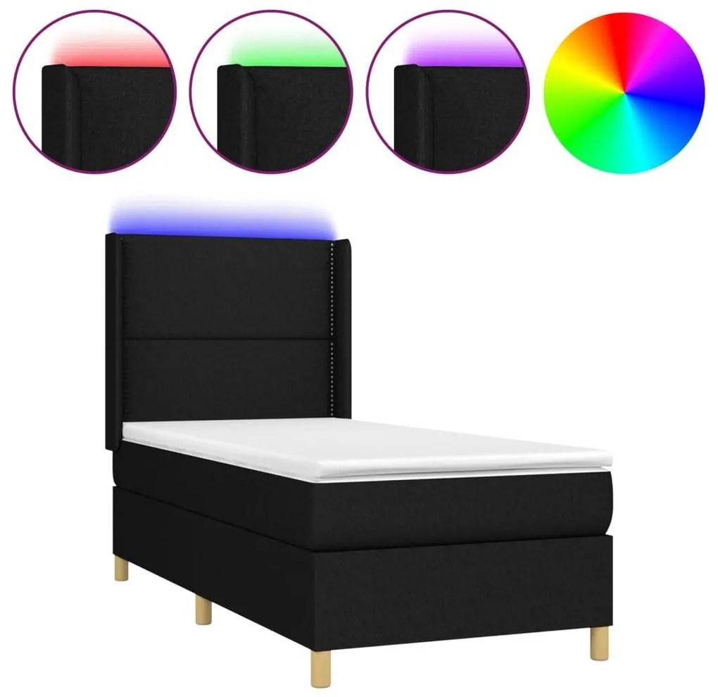 Κρεβάτι Boxspring με Στρώμα &amp; LED Μαύρο 90x200 εκ. Υφασμάτινο - Μαύρο