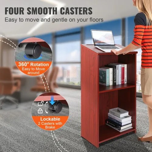 VEVOR Podium Stand, 47 in Hostess Stand with 4 Rolling Wheels, Wood Podium with Storage Shelves, and Slant Desktop, Lecterns &amp; Podiums for Church, Office, School, Home, Brown