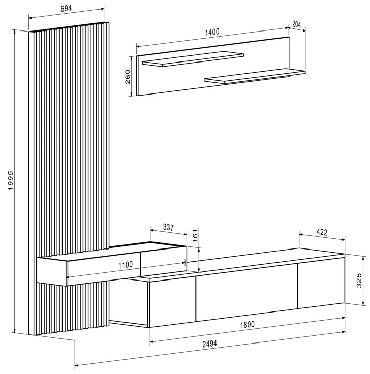 Σύνθετο σαλονιού Litende pakoworld μαύρο-sonoma μελαμίνης 249.5x42x199.5εκ